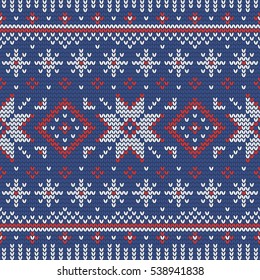 Christmas knitting seamless pattern in Red, Blue and White. Perfect for wallpaper, wrapping paper, pattern fills, winter greetings, web page background, Christmas and New Year greeting cards