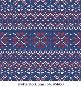 Christmas knitting seamless pattern in Red, Blue and White. Perfect for wallpaper, wrapping paper, pattern fills, winter greetings, web page background, Christmas and New Year greeting cards