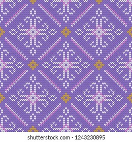 Christmas knitting seamless pattern with rhombus and snowflakes in Violet, Yellow, White and Pink. Perfect for wallpaper, wrapping paper, web page background, New Year greeting cards