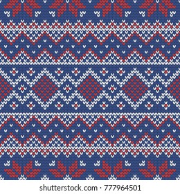 Christmas knitting seamless pattern with rhombus, stars and zig zag. Perfect for wallpaper, wrapping paper, web page background, New Year greeting cards