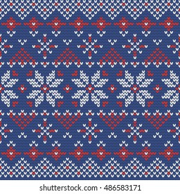 Christmas knitting seamless pattern with snowflakes and stars. Perfect for wallpaper, wrapping paper, pattern fills, winter greetings, web page background, New Year greeting cards