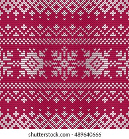 Christmas knitting seamless pattern with snowflakes in Red and White. Perfect for wallpaper, wrapping paper, pattern fills, winter greetings, web page background, New Year greeting cards