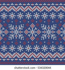 Christmas knitting seamless pattern with snowflakes. Perfect for wallpaper, wrapping paper, pattern fills, winter greetings, web page background, Christmas and New Year greeting cards