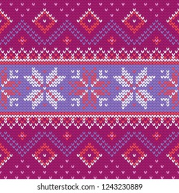 Christmas knitting seamless pattern with stars, rhombus, zig zag in Violet, Red and White. Perfect for wallpaper, wrapping paper, web page background, New Year greeting cards