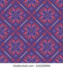Christmas knitting seamless pattern with stars and rhombus in Red, Violet and White. Perfect for wallpaper, wrapping paper, web page background, New Year greeting cards