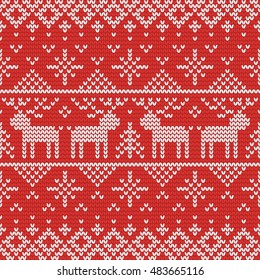 Christmas knitting seamless pattern with stars, deers and fir trees. Perfect for wallpaper, wrapping paper, pattern fills, winter greetings, web page background, Christmas and New Year greeting cards