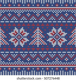 Christmas knitting seamless pattern with stars and fir trees. Perfect for wallpaper, wrapping paper, pattern fills, winter greetings, web page background, New Year greeting cards