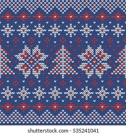 Christmas knitting seamless pattern with stars and fir trees. Perfect for wallpaper, wrapping paper, pattern fills, winter greetings, web page background, Christmas and New Year greeting cards