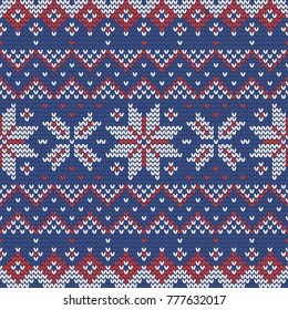 Christmas knitting seamless pattern with stars, rhombus and zig zag. Perfect for wallpaper, wrapping paper, web page background, New Year greeting cards