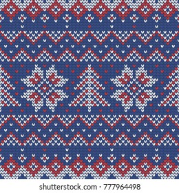 Christmas knitting seamless pattern with stars, fir trees and rhombus. Perfect for wallpaper, wrapping paper, web page background, New Year greeting cards