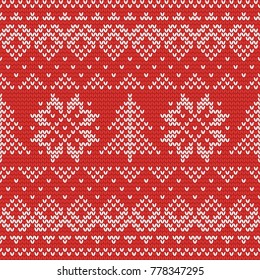 Christmas knitting seamless pattern with stars and fir trees. Perfect for wallpaper, wrapping paper, web page background, New Year greeting cards