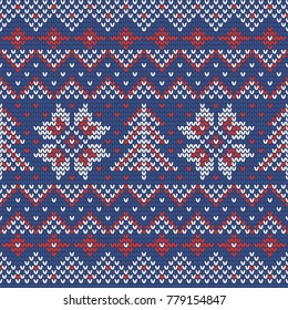 Christmas knitting seamless pattern with stripes, stars and fir trees. Perfect for wallpaper, wrapping paper, web page background, New Year greeting cards