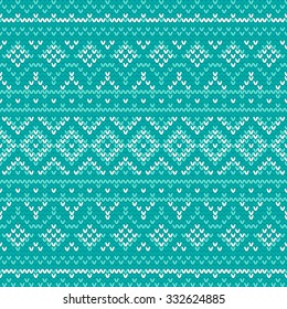 Christmas knitting seamless pattern in White and Teal. Perfect for wallpaper, wrapping paper, pattern fills, winter greetings, web page background, Christmas and New Year greeting cards