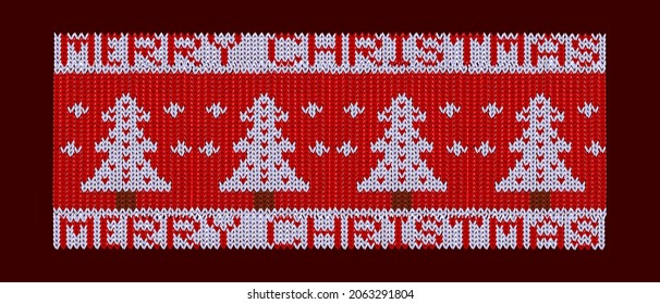 Christmas knitting vector postcard, x-mas winter sweater texture border, ugly Nordic jumper design. Wool holiday border, Scandinavian handcraft red festive ornament vintage textile. Christmas knitting