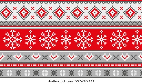 Christmas knitting winter pattern. Nordic background with snowflakes and love. Traditional knitting and embroidery in gray and red color background. 