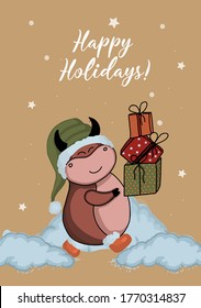Christmas kraft paper card, hand drawn style. Vector illustration of the year of the bull 2021. Happy holidays.