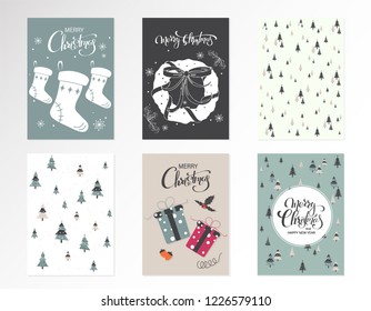 Christmas kraft paper cards and gift tags set, hand drawn style. Vector illustration.