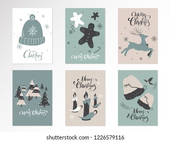 Christmas kraft paper cards and gift tags set, hand drawn style. Vector illustration.