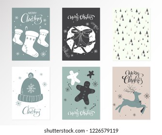 Christmas kraft paper cards and gift tags set, hand drawn style. Vector illustration.