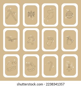 Christmas kraft paper cards and gift tags set, hand drawn style. Vector illustration.