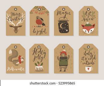 Christmas Kraft Paper Cards And Gift Tags Set, Hand Drawn Style. Vector Illustration.