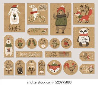 Christmas kraft paper cards and gift tags set, hand drawn style. Vector illustration.