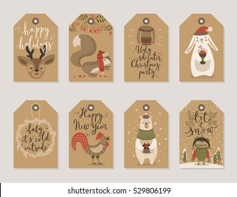 Christmas kraft paper cards and gift tags set, hand drawn style. Vector illustration.