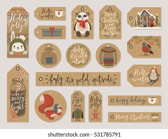 Christmas kraft paper cards and gift tags set, hand drawn style. Vector illustration.