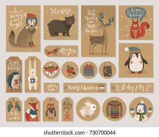 Christmas kraft paper cards and gift tags set, hand drawn style. Vector illustration.