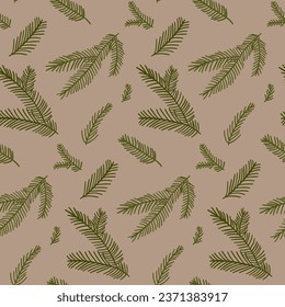 Christmas kraft paper pattern. Pine branches on brown background, minimalist modern gift wrapping paper design.