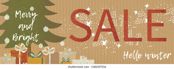 Christmas kraft paper Sale banner and card. Vector illustration. Merry Christmas greeting card vector.  Vector Christmas Poster. Template for banners, presentations and greeting cards. stock vector