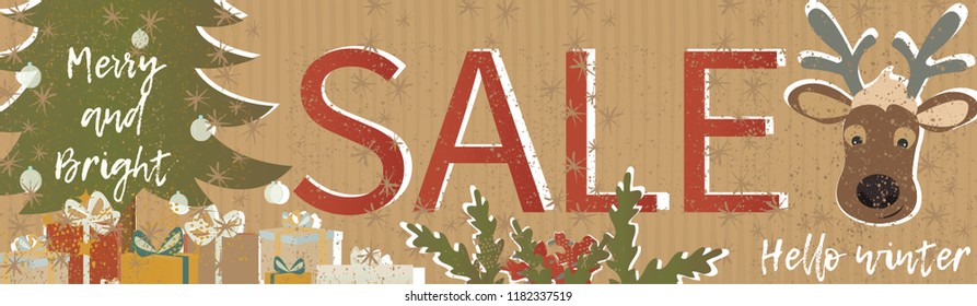 Christmas kraft paper Sale banner and card. Vector illustration. Merry Christmas greeting card vector.  Vector Christmas Poster. Template for banners, presentations and greeting cards. stock vector