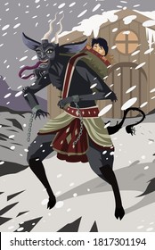 Krampus de Navidad, monstruo de cuernos del diablo
