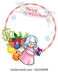 Christmas label with angels and artistic written text: "Merry Christmas!". Christmas holiday background. Vector clip art.