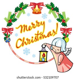 Christmas label with angels and artistic written text: "Merry Christmas!". Christmas holiday background. Vector clip art.