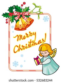 Christmas label with angels and artistic written text: "Merry Christmas!". Christmas holiday background. Vector clip art.