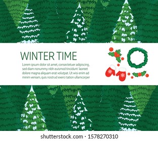 Christmas Label, Badge and Banner. Concept Xmas with Christmas Tree for Web, Print, T-Shirt. Logo, Icon and Background for Poster, Gift Card. Cartoon Vector Illustration.