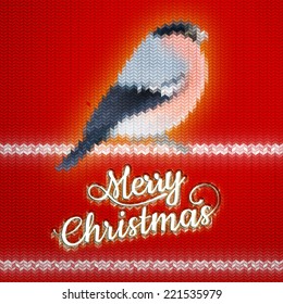 Christmas label with Bullfinch on a knitted red backgroun. EPS 10 vector file included