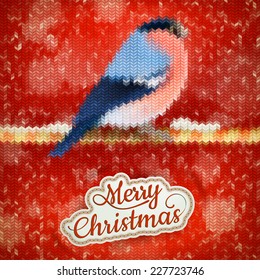 Christmas label with Bullfinch on a knitted red backgroun. EPS 10 vector file included