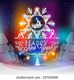 Christmas label with colored lights on a Christmas tree, decoration of calligraphic design with typographic labels, symbols of the year and icons elements for you. Hand drawn authors work. 