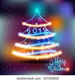 Christmas label with colored lights on a Christmas tree, decoration of calligraphic design with typographic labels, symbols of the year and icons elements for you. Hand drawn authors work. 