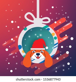 Christmas label with cristal ball and cute dog head wear red hat on colorful gradient background. Vector illustration.