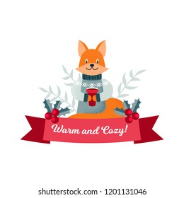 Christmas label with a cute fox. Vector illustration. Christmas design. Warm and Cozy.