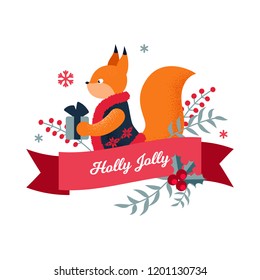 Christmas label with a cute squirrel. Vector illustration. Christmas design. Holly Jolly.