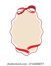 Christmas label frame vector illustration with red ribbon bow and beige center. Festive holiday design for tag, invitation, card and packaging.