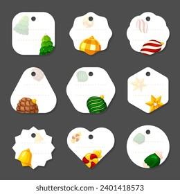 Christmas label gift mini tag holiday flat set. Paper sticker packing price disco ball fir cone star drop twisted icicle candy glove bell xmas tree green red gold new year greeting discount sale