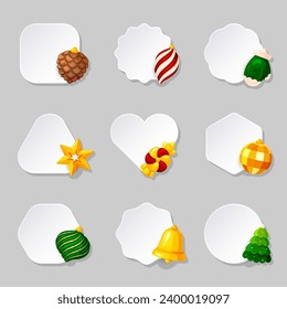 Christmas label gift tag holiday flat set. Paper convex sticker packing price disco ball fir cone star drop twisted candy glove bell xmas tree heart green red gold new year greeting discount sale