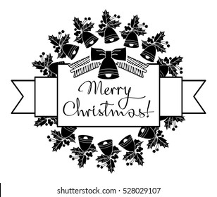Christmas label with holiday decorations and written greeting "Merry Christmas!". Vector clip art.