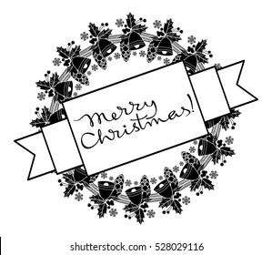 Christmas label with holiday decorations and written greeting "Merry Christmas!". Vector clip art.