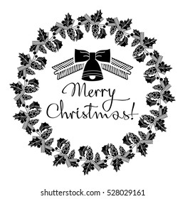 Christmas label with holiday decorations and written greeting "Merry Christmas!". Vector clip art.